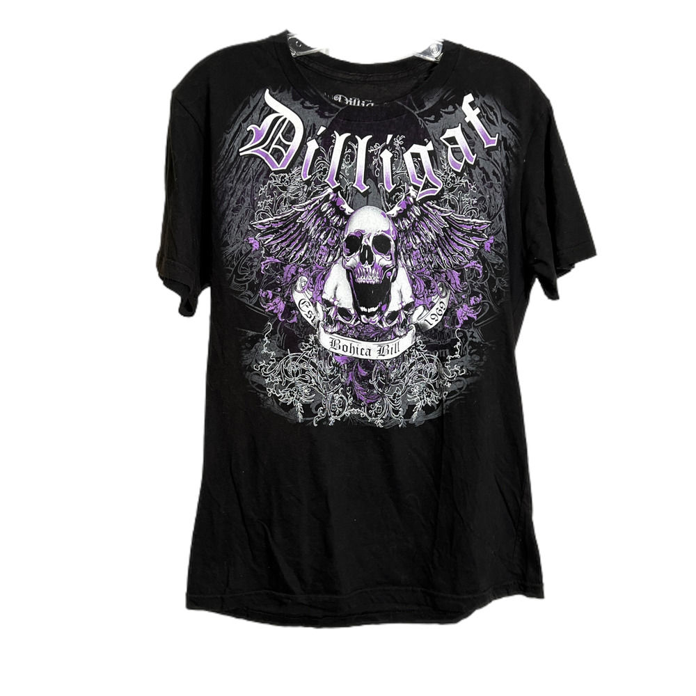 Dilligaf by Bohica Bill Women's Sz M Black T-Shirt skull purple-winged‎ graphic